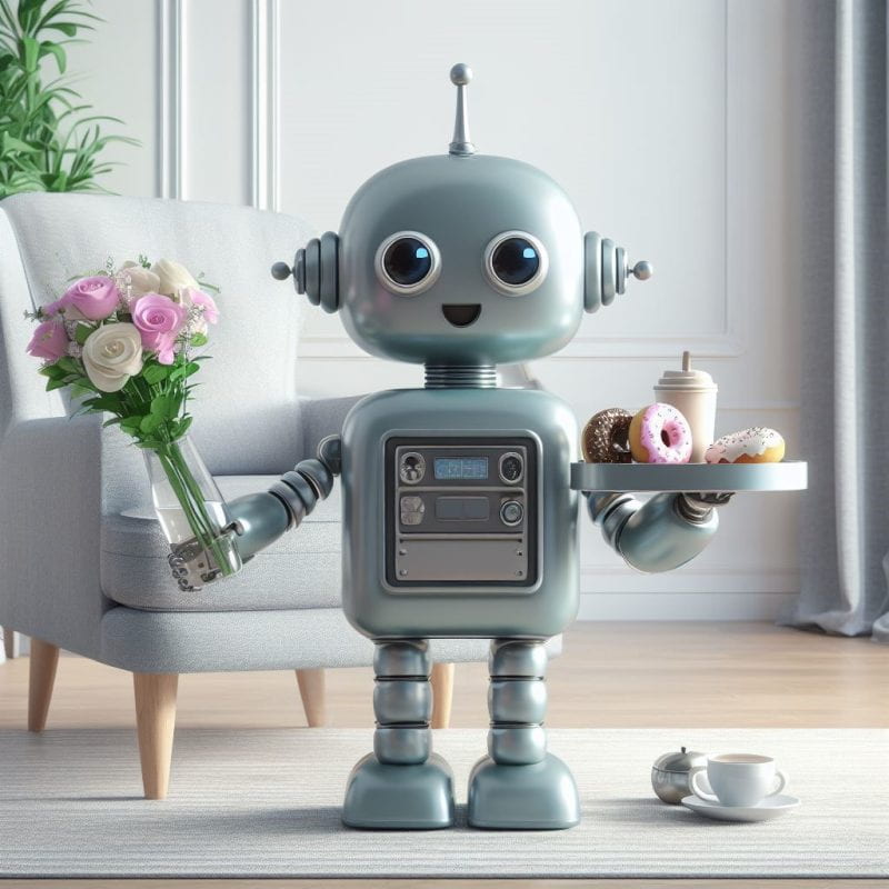 A smiling robot holds a vase with flowers and a tray with donuts and coffee, the image is AI generated.